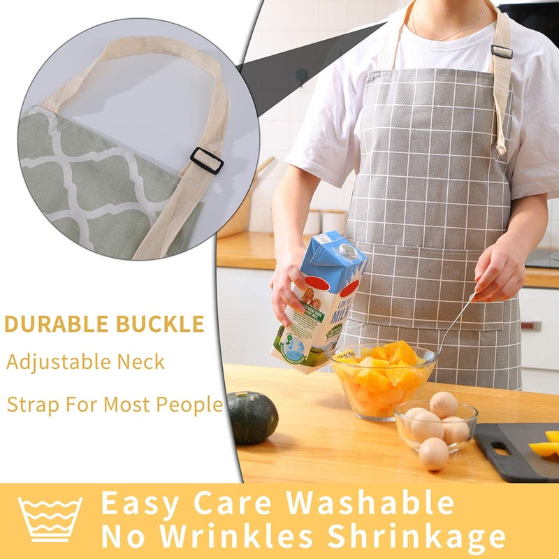 Tosewever 2 Pieces Cotton Linen Waterproof Bib Kitchen Apron with Pockets - Long Ties Adjustable Neck Strap - Unisex BBQ Cooking Drawing Crafting Aprons for Women Chef (Grey/Green, 2) - Image 5